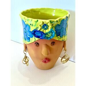 Vintage Terracotta Face Pottery Whimsical Planter Pot BIRD BRAIN 2004 Lola Woman